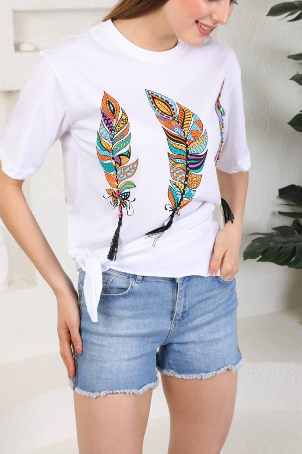 White Long T-Shirt with Three Feathers