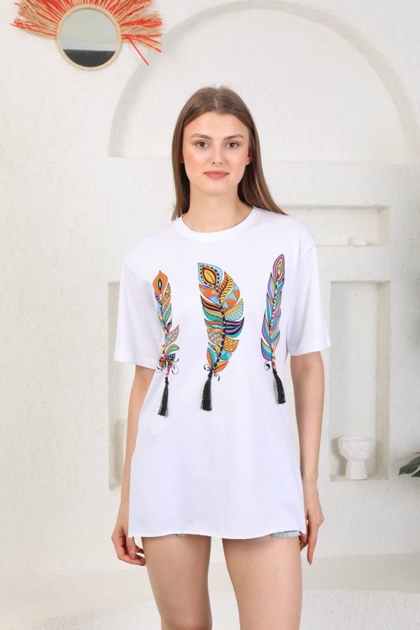 White Long T-Shirt with Three Feathers - Image 2