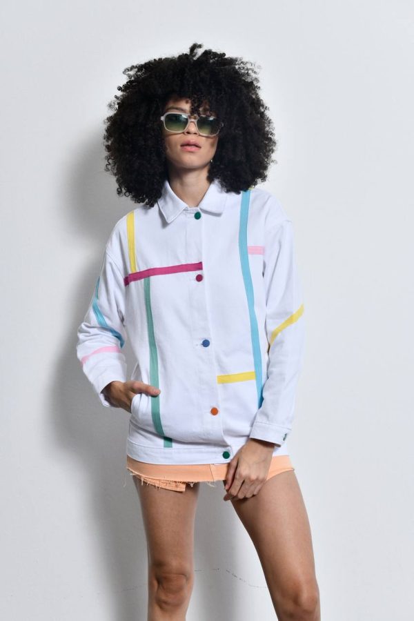 White Denim Jacket With Colored Lines