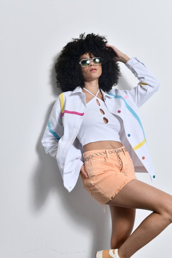 White Denim Jacket With Colored Lines - Image 2