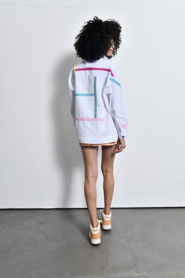 White Denim Jacket With Colored Lines - Image 3